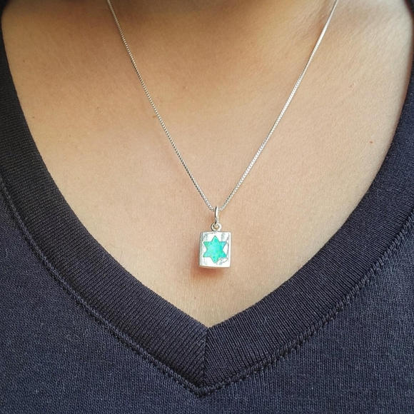 New Solid 925 Sterling Silver Star of David Square Blue Triplet Opal Necklace - Picture 4 of 8